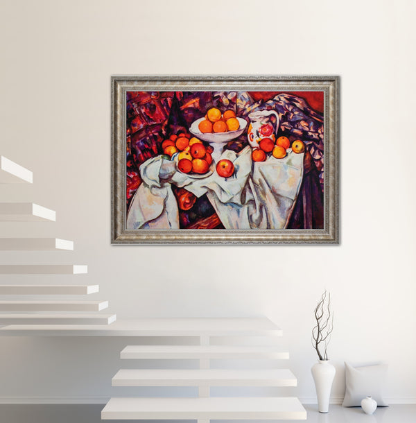 Still Life with Apples and Oranges - Painted by Paul Cezzane - Circa. 1884. Premium Gold & Silver Patinated Frame. Ready to Hang! Stunning Designer Statement! Available in 3 Sizes - Small - Medium & Large.
