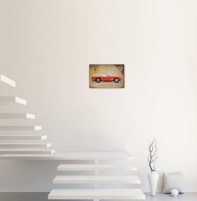Red Ferrari - Retro Metal Art Decor - Wall Mount or Free Standing on Console Table -  Two Sizes - 8'' X 12" & 12" X 16" - No. 50011