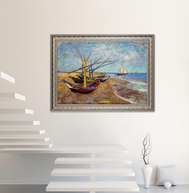 Fishing Boats on the Beach - Painted by Vincent Van Gogh - Circa. 1890. Premium Gold & Silver Patinated Frame. Ready to Hang! Stunning Designer Statement! Available in 3 Sizes - Small - Medium & Large.h