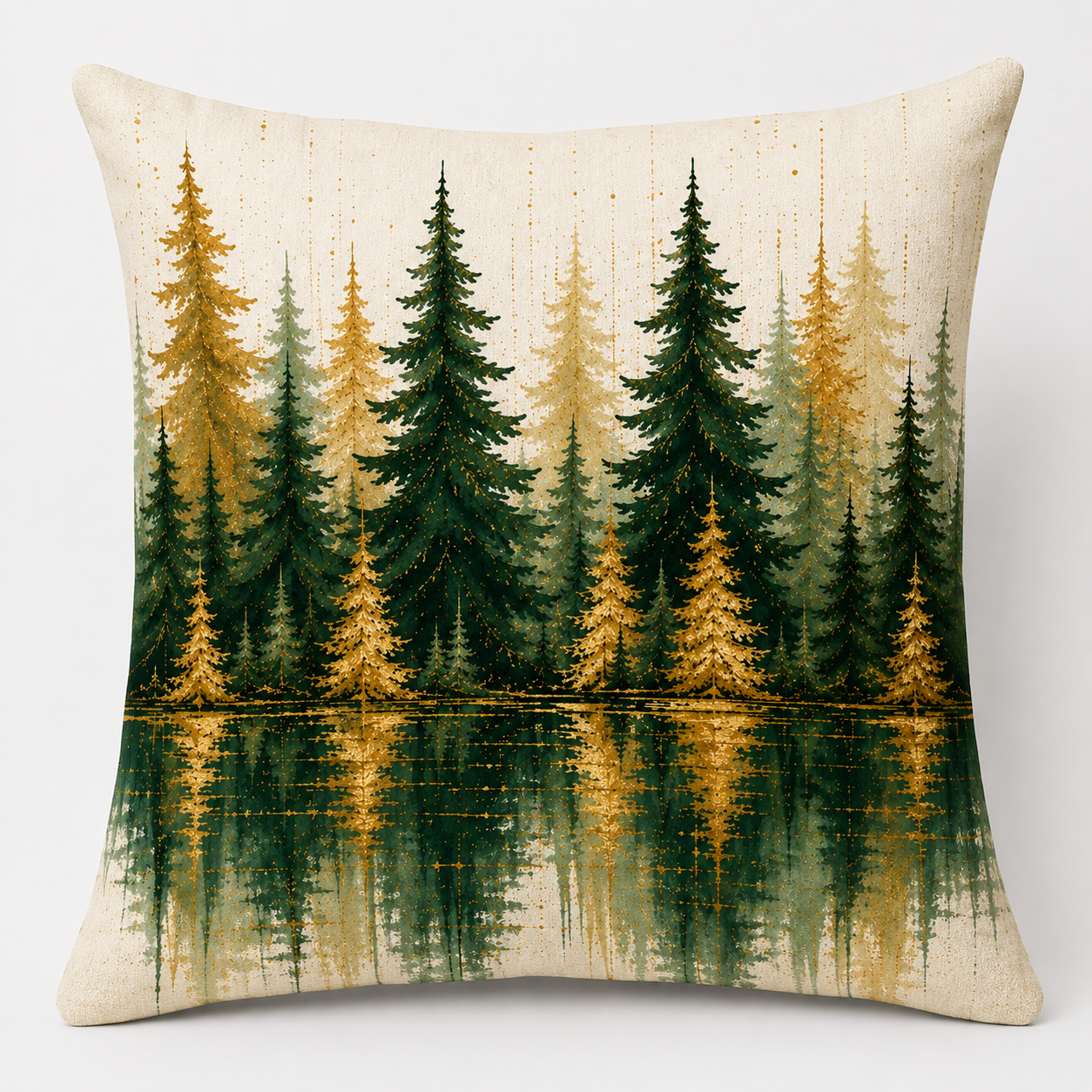 Enchanted Evergreen Forest — Plush Velvet Cushion. A Serene Forest of Emerald and Golden Christmas Trees is Reflected Across Still Water Against a Soft Ivory Background. Elegant and Contemporary, This Lighter Design Provides a Beautiful Contrast.