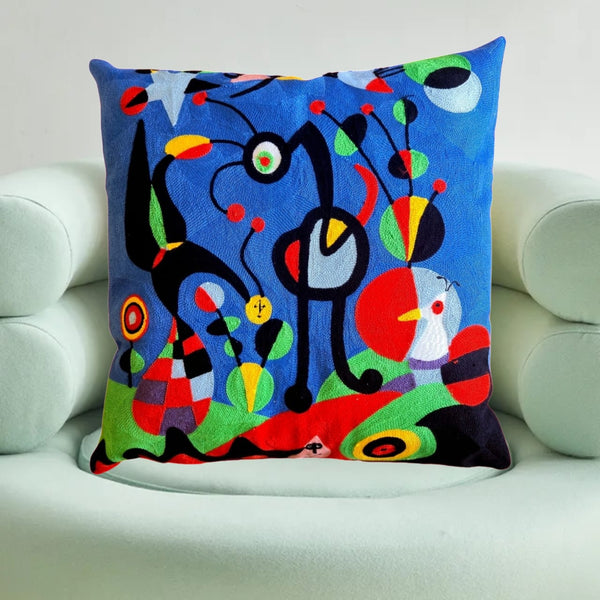Cubist Dream Artwork By Miro - EMBROIDED COTTON Cushion Cover - Large 50cm Size. Suitable for Luxurious Indoor Settings.