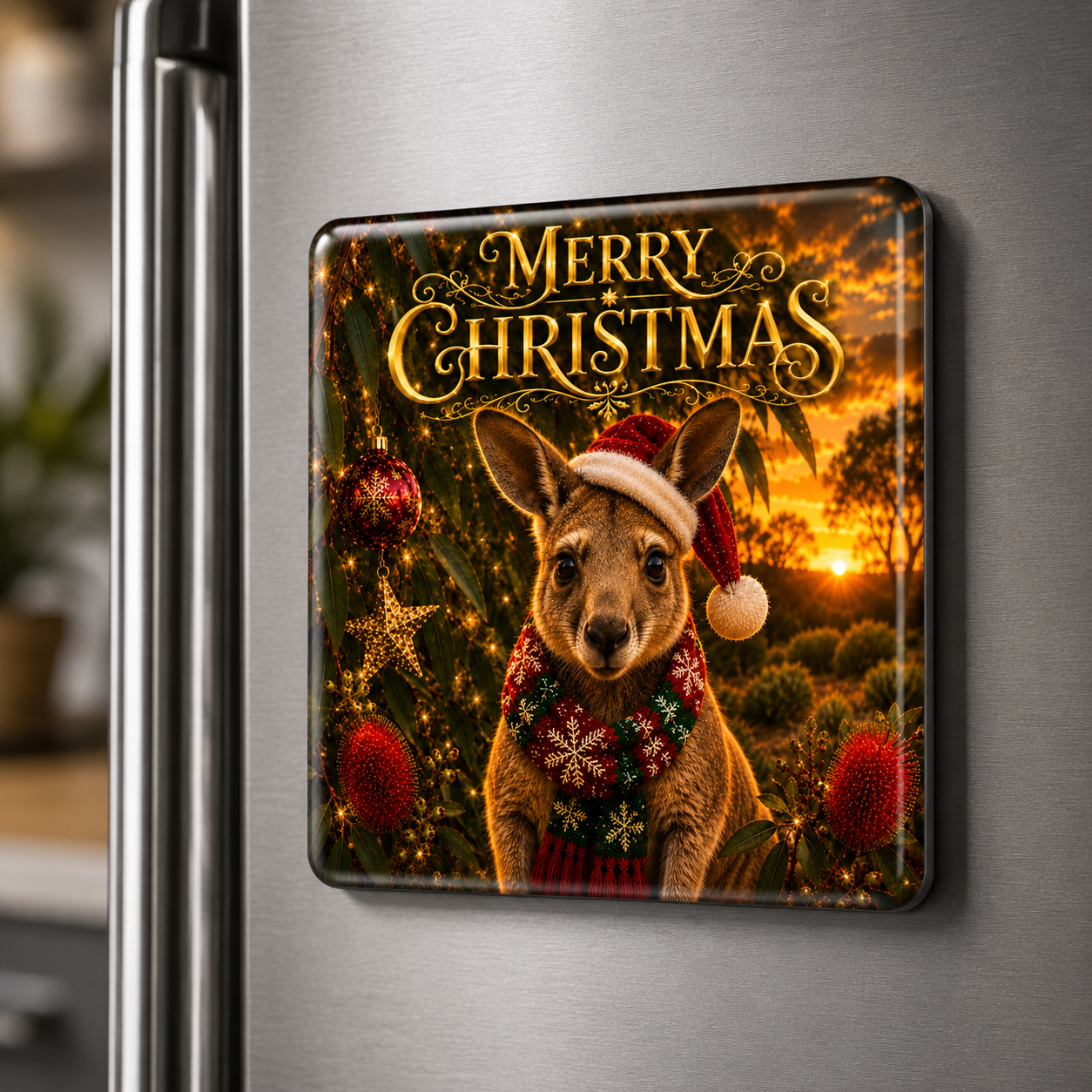 Merry Christmas Kangaroo – Australian Christmas Glass Fridge Magnet. Celebrate an Unmistakably Australian Christmas with our Christmas Kangaroo.