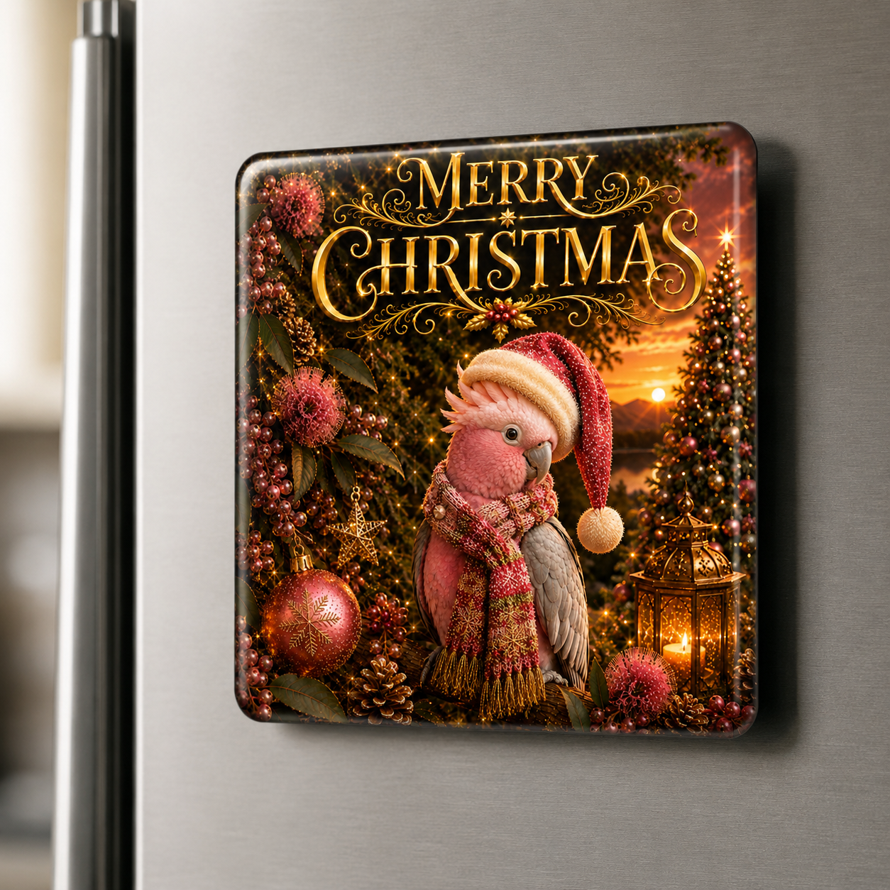 Merry Christmas Galah – Australian Christmas Glass Fridge Magnet. Bright, Elegant and Unmistakably Australian, the Christmas Galah Introduces a Beautiful Touch of Pink to the European Masters Christmas Collection.