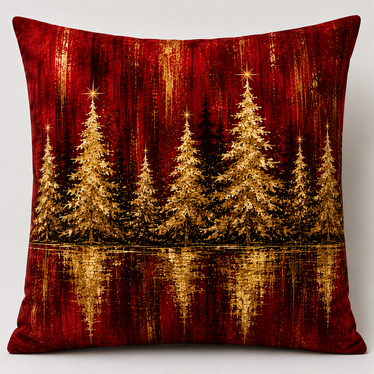 Golden Christmas Forest — Plush Velvet Cushion
A Striking Christmas Landscape of Shimmering Golden Fir Trees Set Against a Rich Crimson Background, Beautifully Reflected Below. Warm, Dramatic and Unmistakably Festive.
