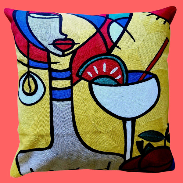 Cubist Cocktail Artwork - Embroided Cotton Cushion Cover - Large 50cm Size. Suitable for Luxurious Indoor Settings.