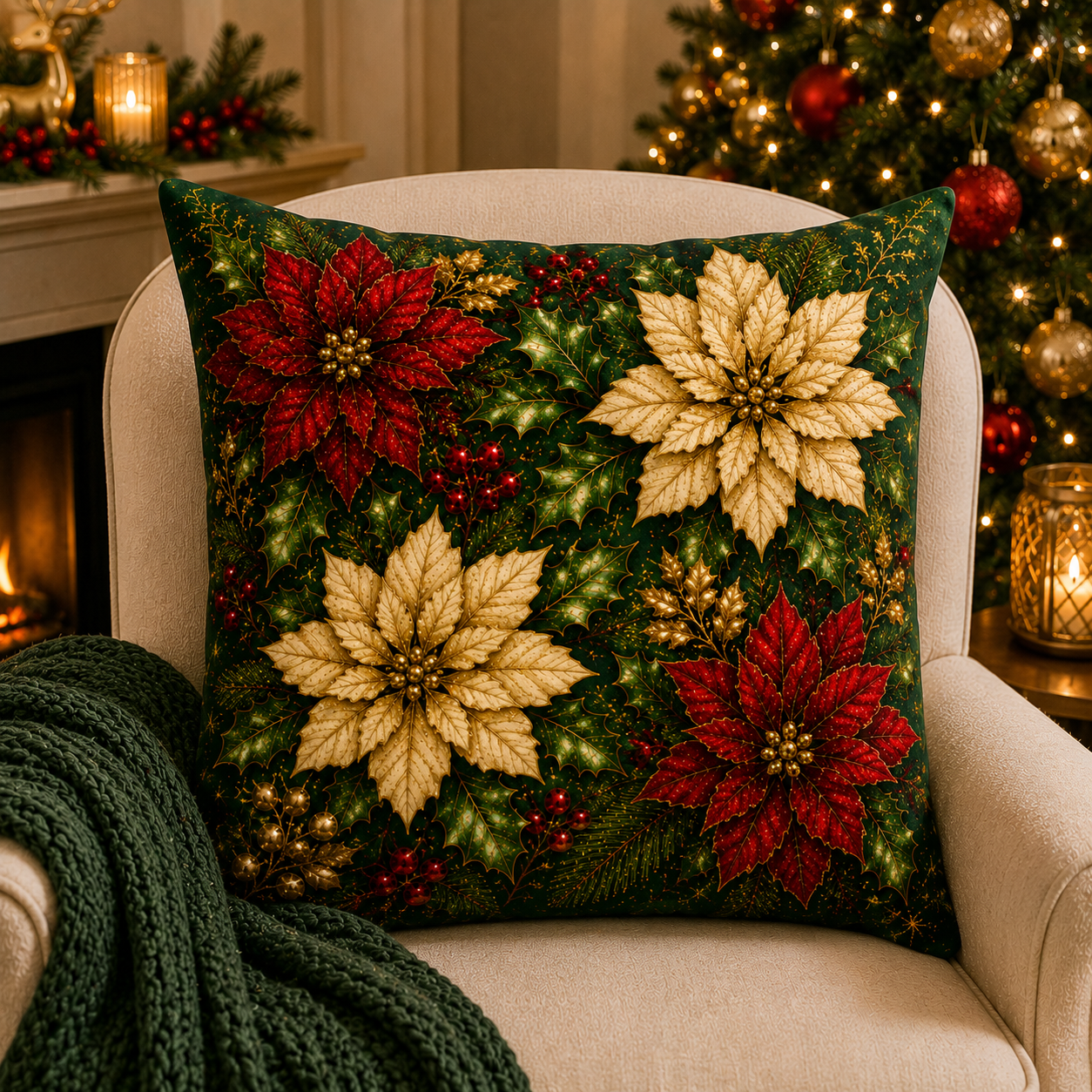 Christmas Poinsettia Garden — Plush Velvet Cushion. A Sumptuous Arrangement of Deep Crimson and Luminous Gold Poinsettias Nestled Amongst Emerald Holly, Berries and Evergreen Foliage.