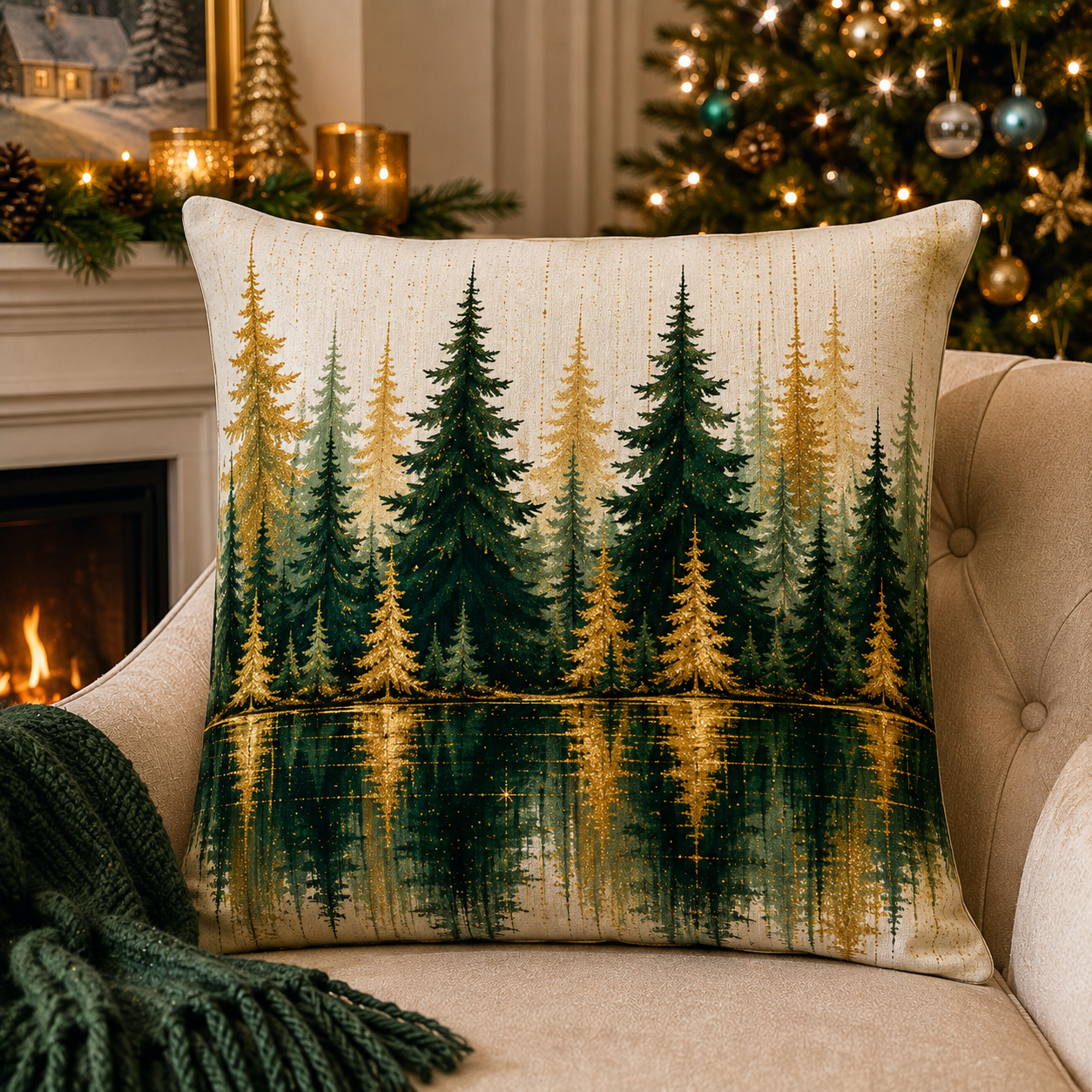 Enchanted Evergreen Forest — Plush Velvet Cushion. A Serene Forest of Emerald and Golden Christmas Trees is Reflected Across Still Water Against a Soft Ivory Background. Elegant and Contemporary, This Lighter Design Provides a Beautiful Contrast.