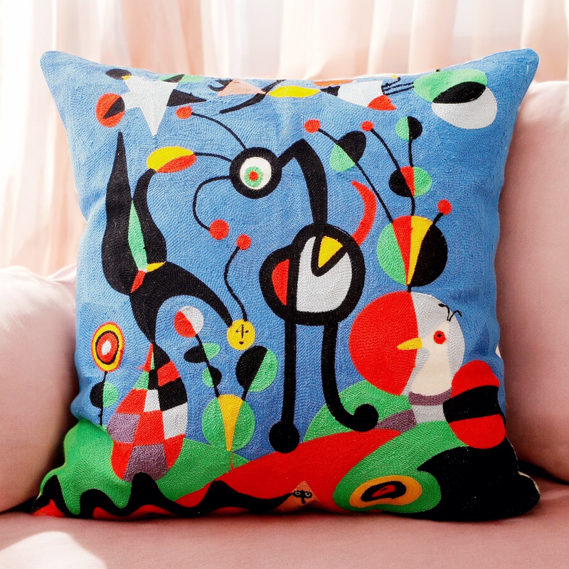 EMBROIDED MIRO Cushion Cover (Miro Collection) - Unique Artwork by Joan Miro - The Dream Artwork Circa 1925. Large 50cm Size. Elevate Your Space with Artful Comfort. A Touch of Miró Magic for Your Home. One of a Kind!