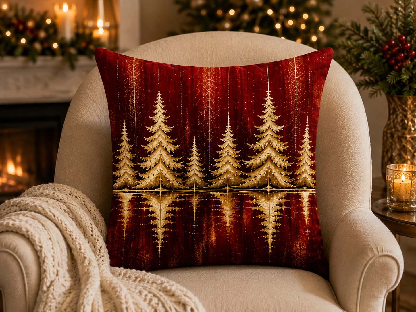 Golden Christmas Forest — Plush Velvet Cushion
A Striking Christmas Landscape of Shimmering Golden Fir Trees Set Against a Rich Crimson Background, Beautifully Reflected Below. Warm, Dramatic and Unmistakably Festive.