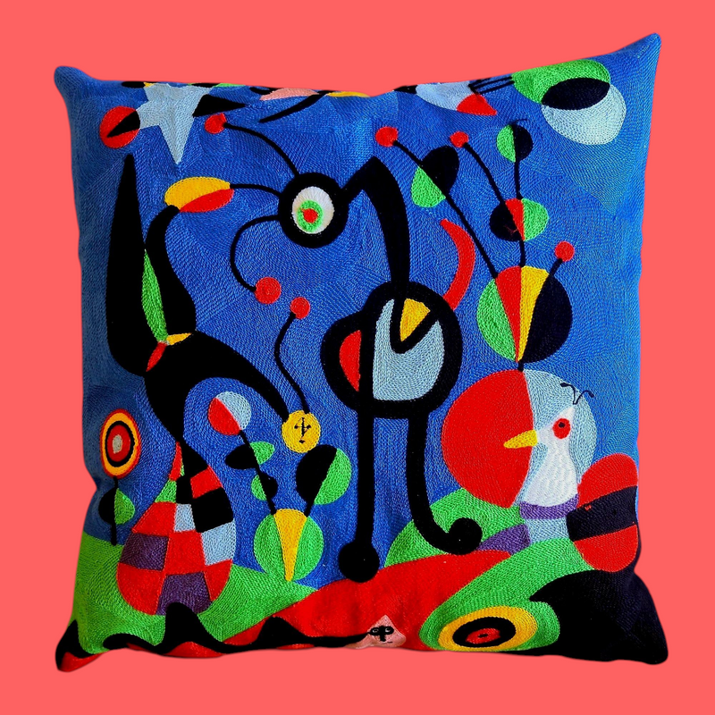 Cubist Dream Artwork By Miro - EMBROIDED COTTON Cushion Cover - Large 50cm Size. Suitable for Luxurious Indoor Settings.