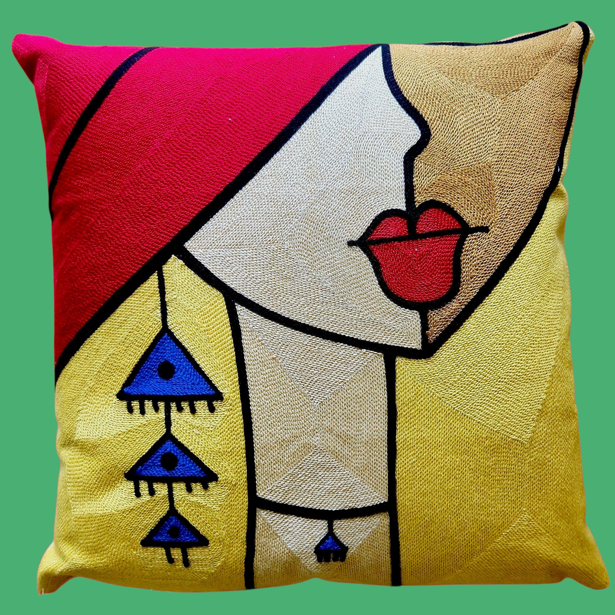 Cubist Lips Artwork - POLYESTER LINEN Cushion Cover - Large 50cm Size. Suitable for Commercial & Office Settings.