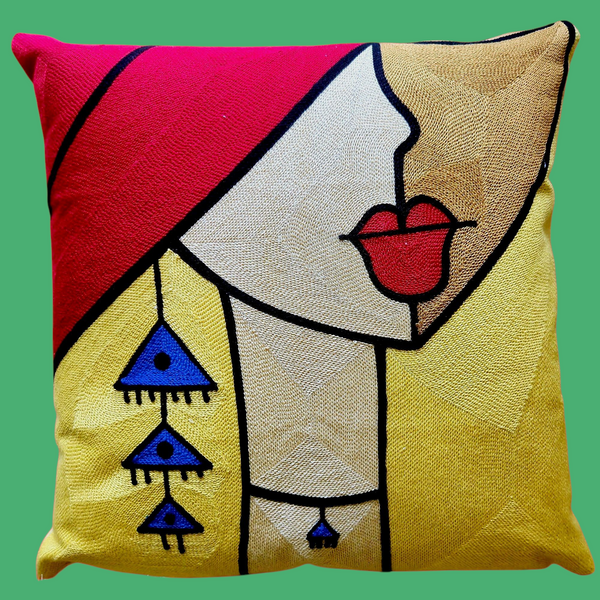 Cubist Lips Artwork - POLYESTER LINEN Cushion Cover - Large 50cm Size. Suitable for Commercial & Office Settings.