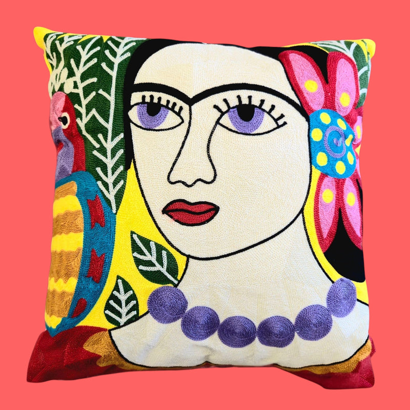 Cubist Frida Artwork - Embroided Cotton Cushion Cover - Standard 45cm Size. Suitable for Luxurious Indoor Settings.