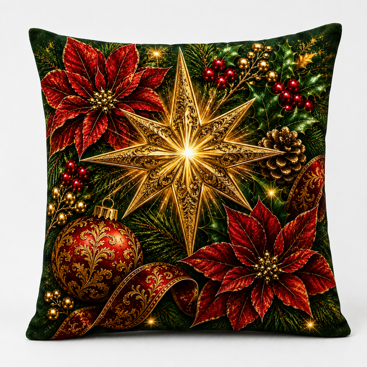 Star of Christmas — Plush Velvet Cushion
A Magnificent Ornamental Golden Christmas Star Radiates From the Centre of this Dramatic Design, Surrounded by Crimson Poinsettias, Holly, Berries, Pinecones, Baubles and Richly Patterned Ribbon. Simply Beautiful.