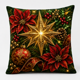Star of Christmas — Plush Velvet Cushion
A Magnificent Ornamental Golden Christmas Star Radiates From the Centre of this Dramatic Design, Surrounded by Crimson Poinsettias, Holly, Berries, Pinecones, Baubles and Richly Patterned Ribbon. Simply Beautiful.