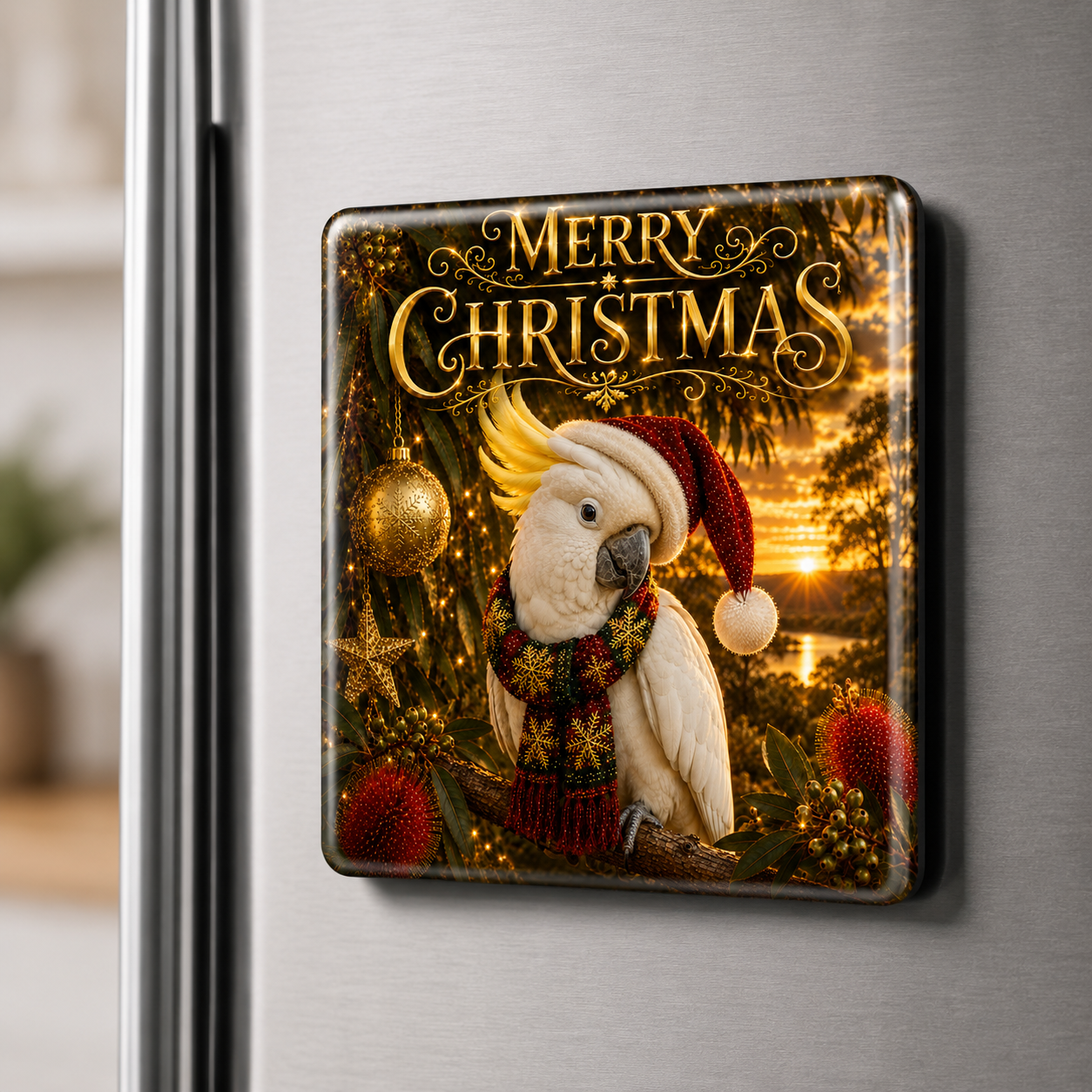 Merry Christmas Cockatoo – Australian Christmas Glass Fridge Magnet. The Magnificent Sulphur-Crested Cockatoo Takes Centre Stage in this Elegant Australian Christmas Design.