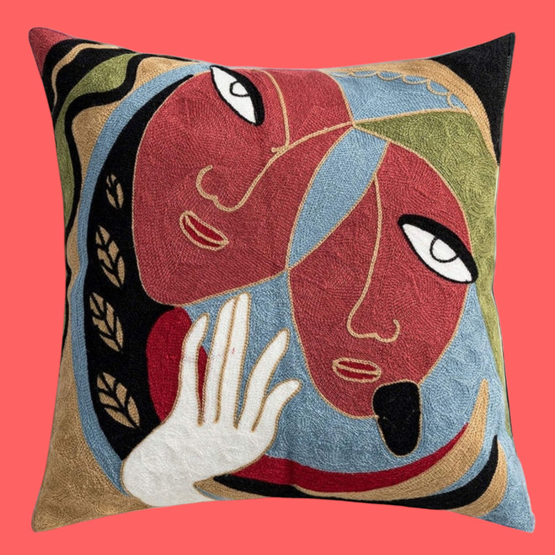 Cubist Lovers Artwork - Embroided Cotton Cushion Cover - Standard 45cm Size. Suitable for Luxurious Indoor Settings.