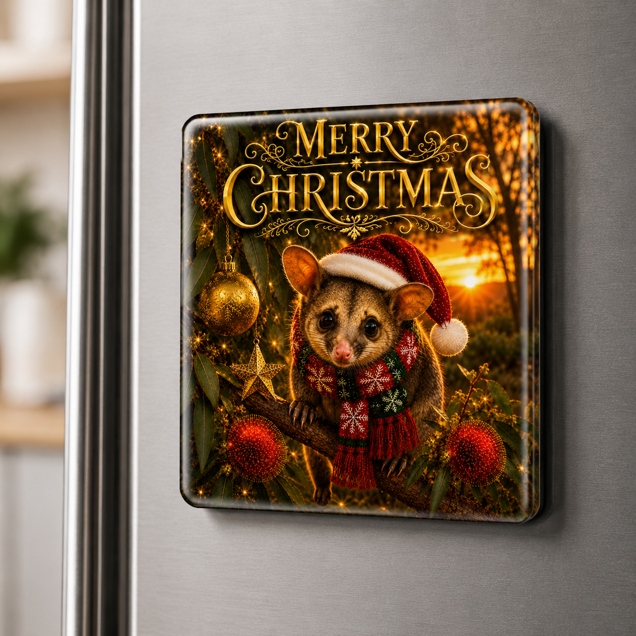 Merry Christmas Possum – Australian Christmas Glass Fridge Magnet. Celebrate one of Australia's Most Familiar Nocturnal Visitors with our Charming Christmas Possum.