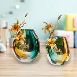 Art Deco “Jade” Enamelled Glass Sculptured Flower Vases - Inspired Design by Tiffany - Small & Large Options - 33cm & 45cm Height. Bold & Beautiful Pair of Glass Sculptures.