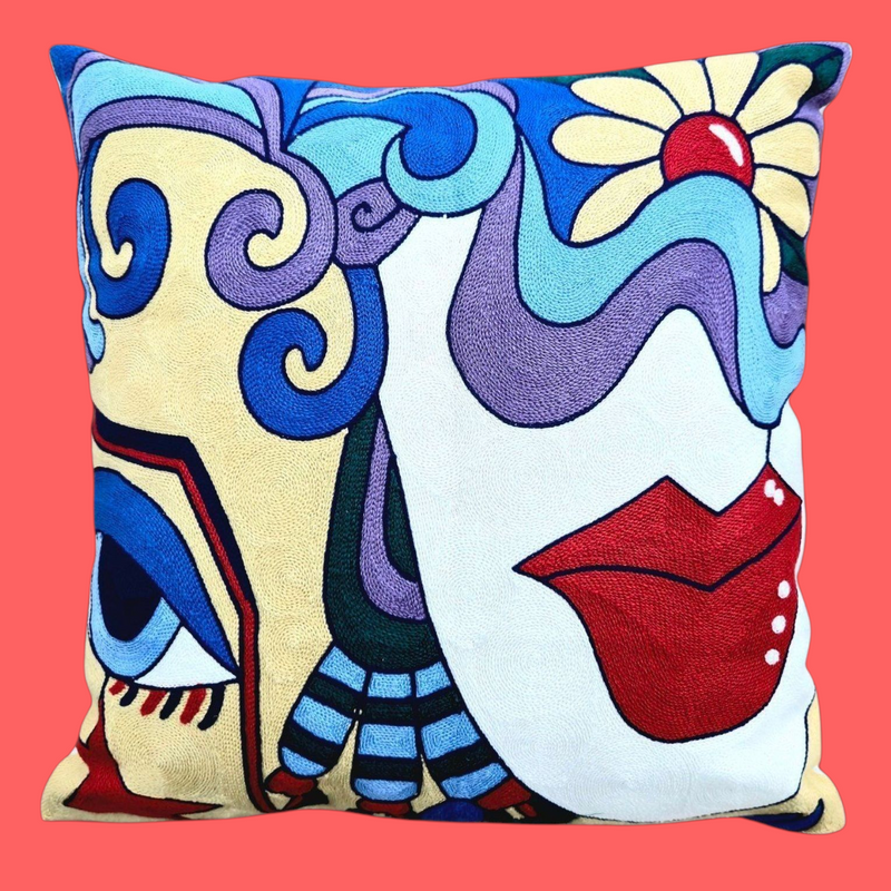 Cubist Lempicka Artwork - EMBROIDED COTTON Cushion Cover - Standard 45cm Size. Suitable for Luxurious Indoor Settings.
