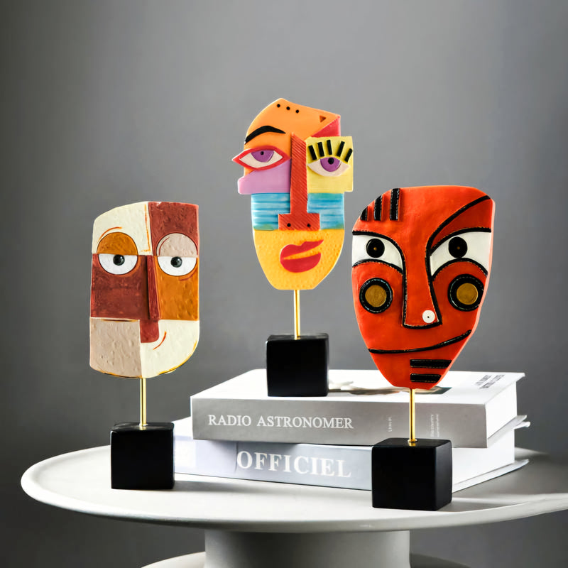 Rhaiyan Mask - Cubist Style 'Cast Resin' Table Top Sculpture. Height 22cm x 9cm Width.