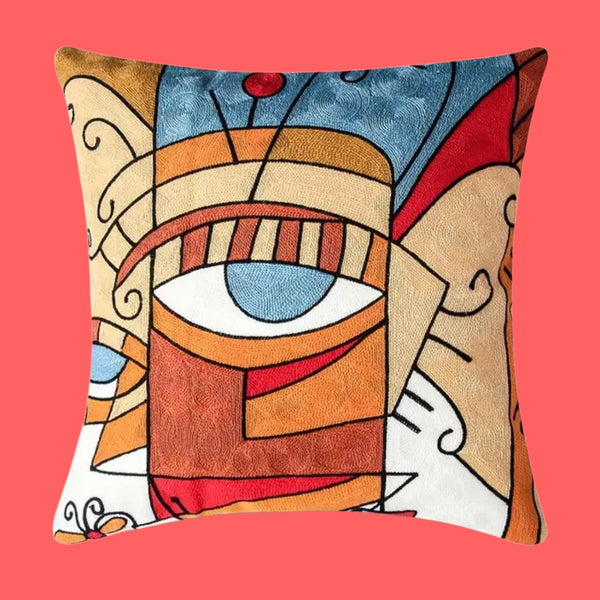 Cubist Focus Artwork - Embroided Cotton Cushion Cover -  Standard 45cm Size. Suitable for Luxurious Indoor Settings.