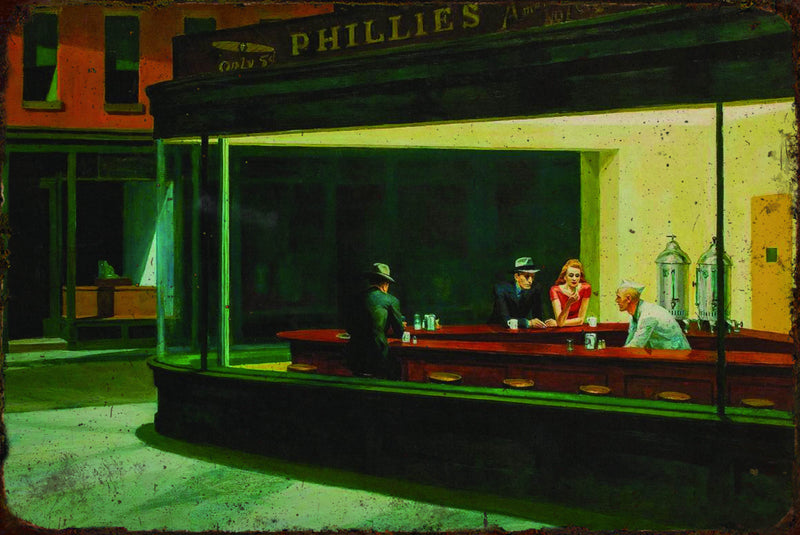 Nighthawks by Hopper - Retro Metal Art Decor - Wall Mount or Free Standing on Console Table -  Size is 8'' X 12"