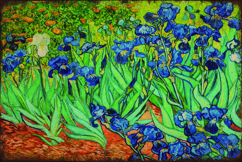 Purple Irises by Van Gogh - Retro Metal Art Decor - Wall Mount or Free Standing on Console Table -  Size is 8'' X 12"