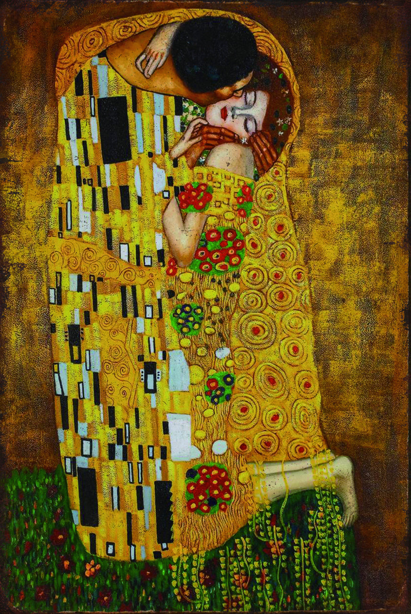 Kiss by Klimt - Retro Metal Art Decor - Wall Mount or Free Standing on Console Table -  Size is 8'' X 12"