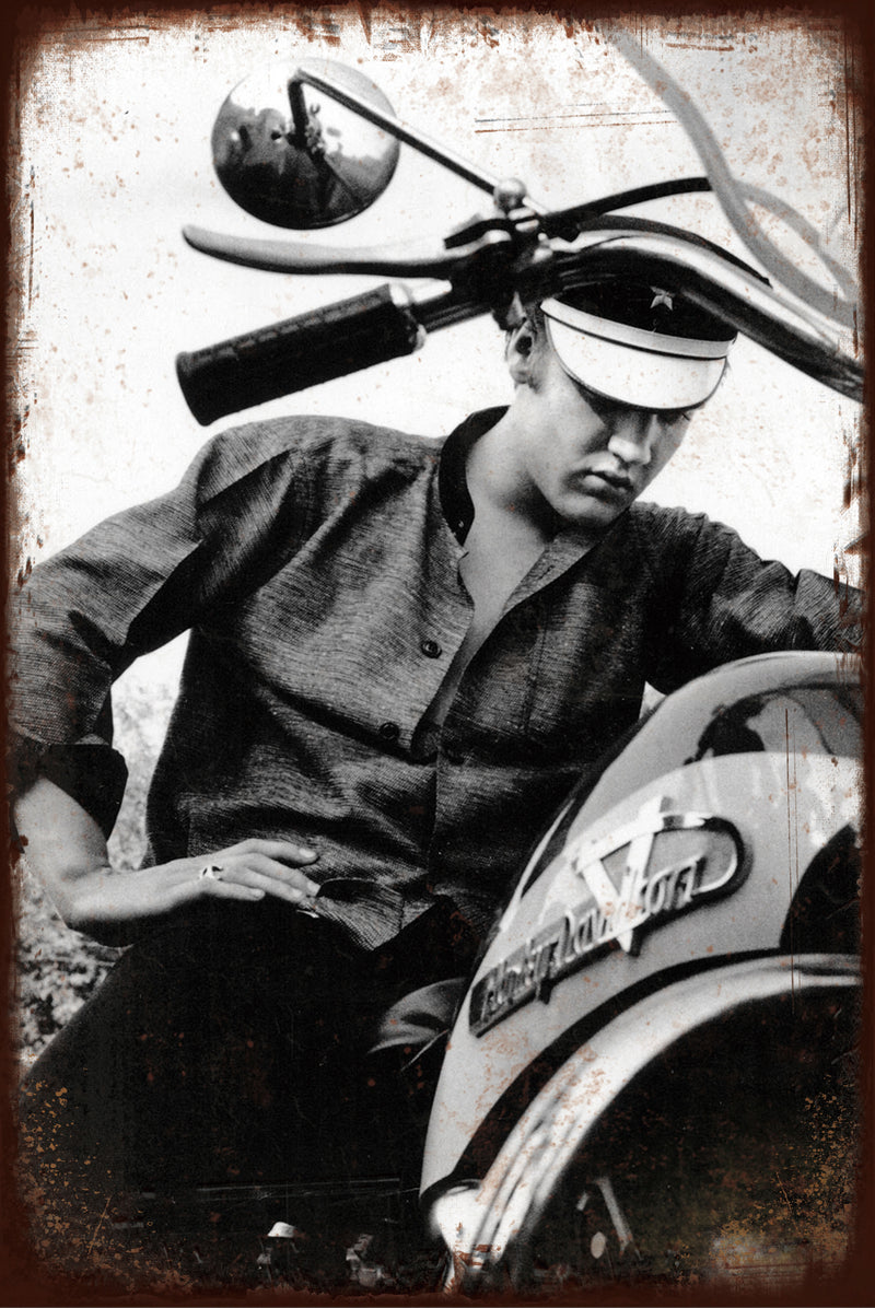 Elvis Presley on Motorbike - Retro Metal Art Decor - Wall Mount or Free Standing on Console Table -  Two Sizes - 8'' X 12" & 12" X 16" - No. 40276