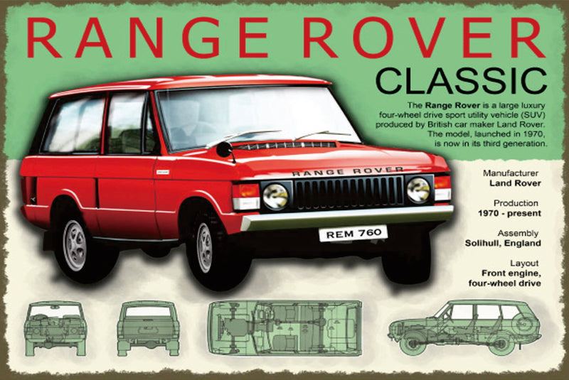 Range Rover Classic Car - Retro Metal Art Decor - Wall Mount or Free Standing on Console Table -  Two Sizes - 8'' X 12" & 12" X 16" - No. 50189