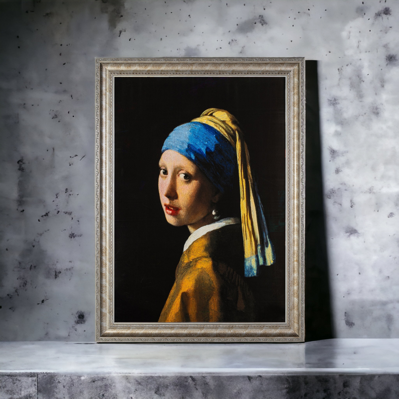 ‘Girl with a Pearl Earring’ - Painted by Johannes Vermeer - Circa. 1665. Premium Gold & Silver Patinated Frame. Ready to Hang! Stunning Designer Statement! Available in 3 Sizes - Small - Medium & Large.