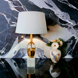 ‘Gropius’ Gold Brass Embossed over White Crystal & Marble Base Table Lamp - Only 2 Left!