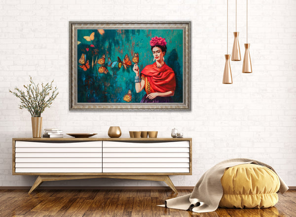 ‘Butterfly’ - Painted by Frida Kahlo- Circa. 1890. Premium Gold & Silver Patinated Frame. Ready to Hang! Stunning Designer Statement! Available in 3 Sizes - Small - Medium & Large.
