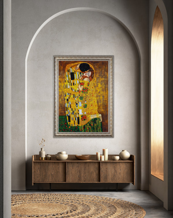 ‘Kiss’ - Painted by Gustav Klimt - Circa. 1908. Premium Gold & Silver Patinated Frame. Ready to Hang! Stunning Designer Statement! Available in 3 Sizes - Small - Medium & Large.