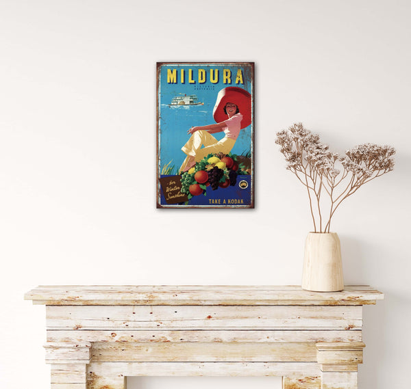 Mildura Victoria - Retro Metal Art Decor - Wall Mount or Free Standing on Console Table -  Two Sizes - 8'' X 12" & 12" X 16" - No. 40876