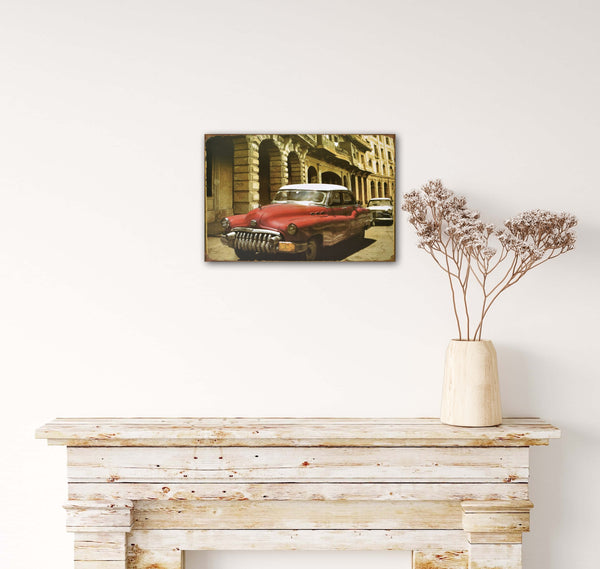 Red Chevvy - Retro Metal Art Decor - Wall Mount or Free Standing on Console Table -  Two Sizes - 8'' X 12" & 12" X 16" - No. 50082