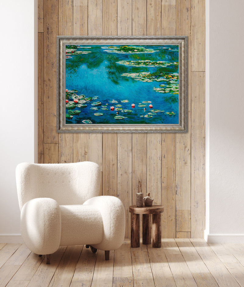 Water Lillies - Painted by Claude Monet - Circa. 1899. Premium Gold & Silver Patinated Frame. Ready to Hang! Stunning Designer Statement! Available in 3 Sizes - Small - Medium & Large.