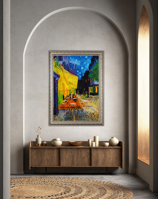 Cafe Terrace at Night - Painted by Vincent Van-Gogh - Circa. 1888. Premium Gold & Silver Patinated Frame. Ready to Hang! Stunning Designer Statement! Available in 3 Sizes - Small - Medium & Large.i