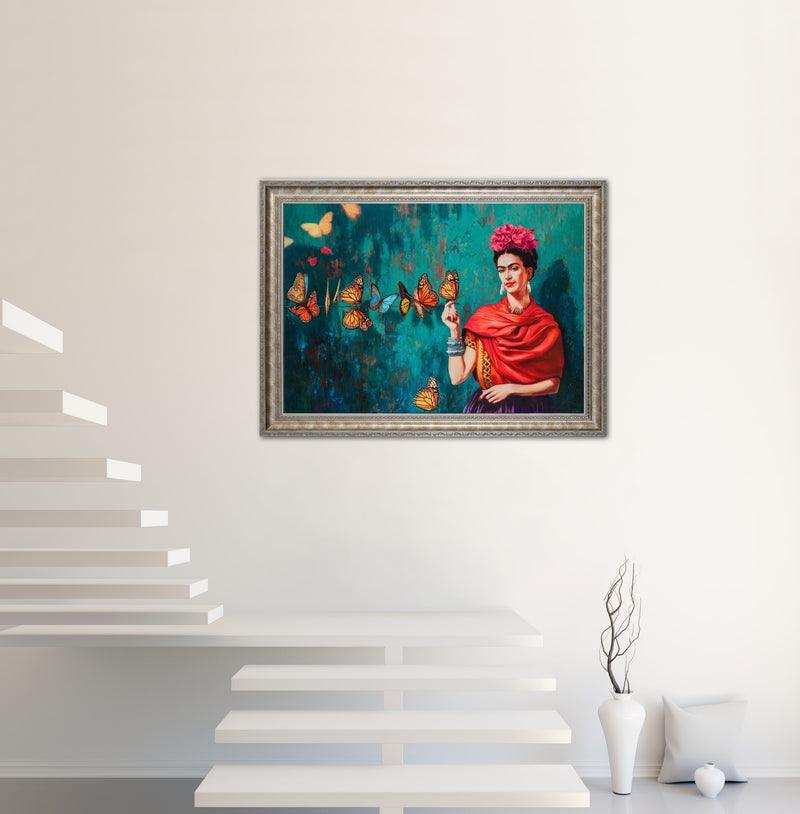 ‘Butterfly’ - Painted by Frida Kahlo- Circa. 1890. Premium Gold & Silver Patinated Frame. Ready to Hang! Stunning Designer Statement! Available in 3 Sizes - Small - Medium & Large.