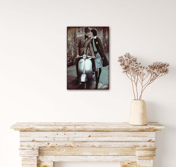Couple on a Scooter - Retro Metal Art Decor - Wall Mount or Free Standing on Console Table -  Two Sizes - 8'' X 12" & 12" X 16" - No. 41242