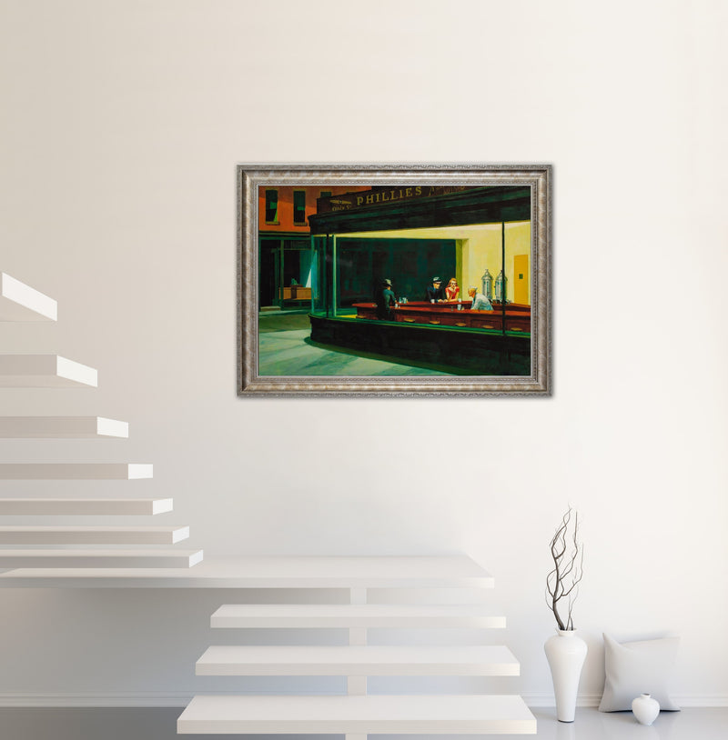 ‘Nighthawks’ - Painted by Edward Hopper - Circa. 1942. Premium Gold & Silver Patinated Frame. Ready to Hang! Stunning Designer Statement! Available in 3 Sizes - Small - Medium & Large.