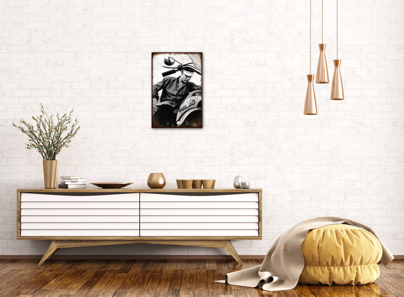 Elvis Presley on Motorbike - Retro Metal Art Decor - Wall Mount or Free Standing on Console Table -  Two Sizes - 8'' X 12" & 12" X 16" - No. 40276