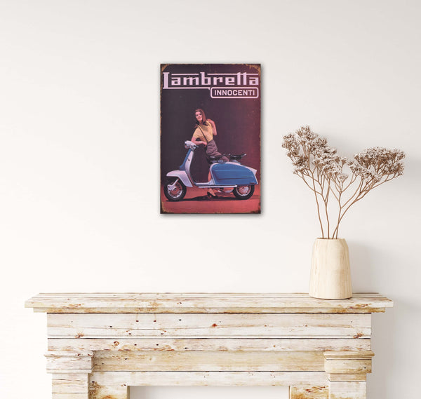 Lambretta - Retro Metal Art Decor - Wall Mount or Free Standing on Console Table -  Two Sizes - 8'' X 12" & 12" X 16" - No. 50039
