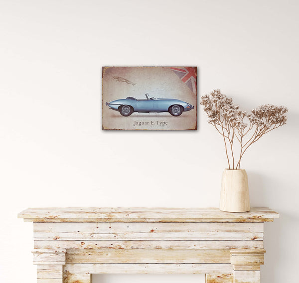 E Type Jaguar - Retro Metal Art Decor - Wall Mount or Free Standing on Console Table -  Two Sizes - 8'' X 12" & 12" X 16" - No. 50014