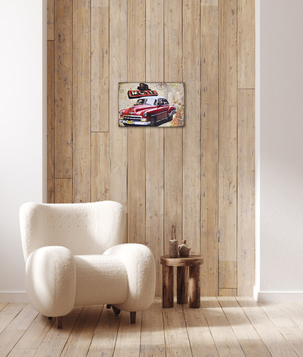 Classic Red Car - Retro Metal Art Decor - Wall Mount or Free Standing on Console Table -  Two Sizes - 8'' X 12" & 12" X 16" - No. 50135