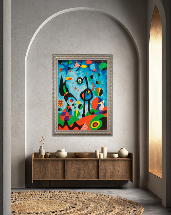 ‘Birds’ - Painted by Joan Miro - Circa. 1938. Premium Gold & Silver Patinated Frame. Ready to Hang! Stunning Designer Statement! Available in only 1 Size - 70cm x 100cm.