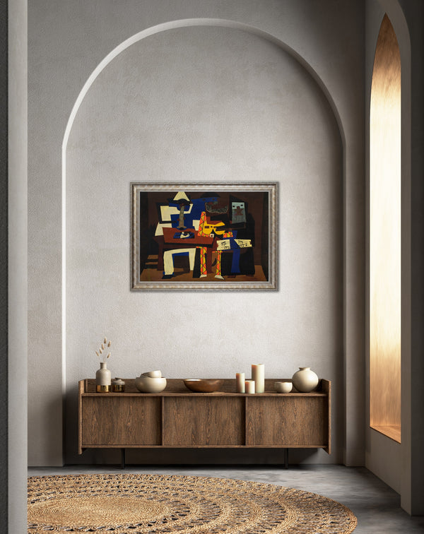 ‘The Three Musicians’ - Painted by Pablo Picasso - Circa. 1921. Premium Gold & Silver Patinated Frame. Ready to Hang! Stunning Designer Statement! Available in 3 Sizes - Small - Medium & Large.