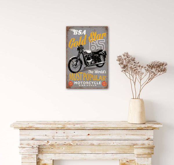 BSA Motorcycle - Retro Metal Art Decor - Wall Mount or Free Standing on Console Table -  Two Sizes - 8'' X 12" & 12" X 16" - No. 50188