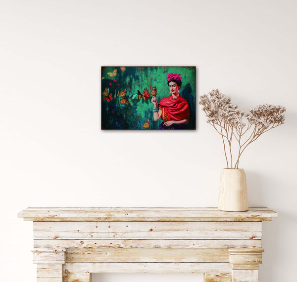 Butterflies by Kahlo - Retro Metal Art Decor - Wall Mount or Free Standing on Console Table -  Size is 8'' X 12”